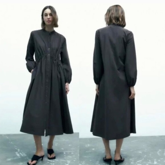 Zara Long Button Down Cinch Front Gray Cotton Dress - Picture 2 of 9